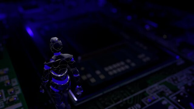 the robot guards the generative artificial intelligence chip, computer graphics system, high-tech system, cyclic animation, fantasy, 3D rendering