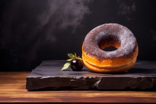 Tasty doughnut on a slate plate against a painted brick background