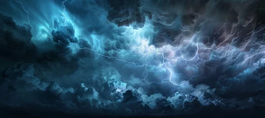 Gordijnen Dark clouds with lightning, thunderstorm and stormy weather background © wanna