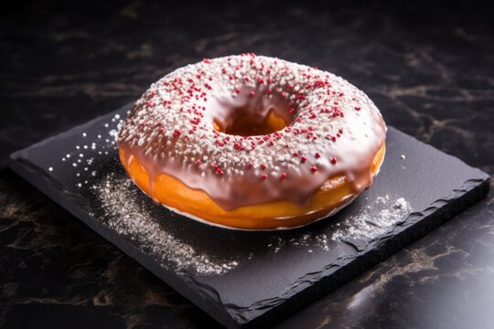 Tasty doughnut on a slate plate against a painted brick background