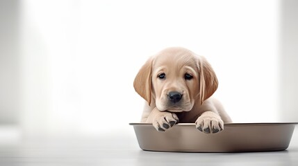 Cute labrador puppy with food bowl - adorable pet sitting on white background with space for text