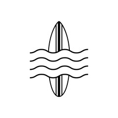 Logo club de surf. Silueta de tabla de surf lineal con olas de mar