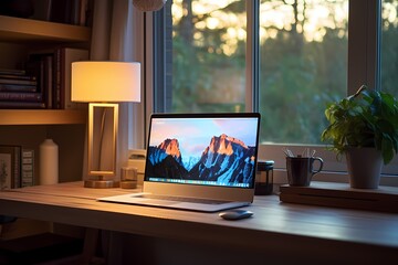 A computer on a table, its screen reflecting the ambient light of the room, providing a glimpse into a modern and organized living space. - obrazy, fototapety, plakaty