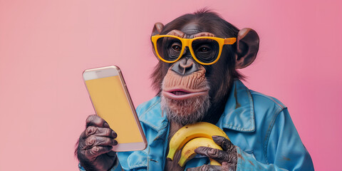 funny monkey in blue jacket and eyeglasses using smartphone isolated on pink - obrazy, fototapety, plakaty