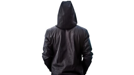 Isolated photo of scary horror stranger stalker man in black hood and clothing standing rear view - obrazy, fototapety, plakaty
