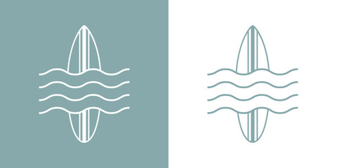 Logo club de surf. Silueta de tabla de surf lineal con olas de mar