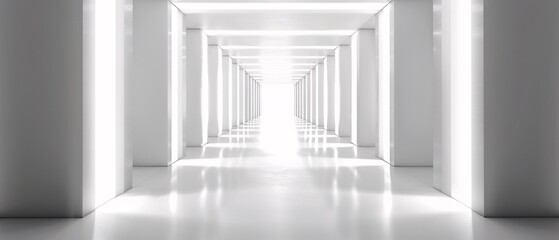 White background 3D room light abstract space technology tunnel stage floor. Empty white future 3D neon background studio futuristic corridor render modern interior silver road black wall design gray - obrazy, fototapety, plakaty