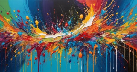 A canvas erupts with an azure burst, the cool tones mingling with warm counterparts in an abstract expression of freedom. This art piece signifies the beauty of spontaneous creativity and the fluidity