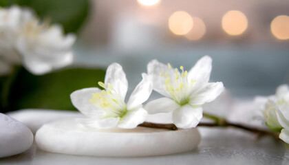 Fototapeta na wymiar In this close-up shot, white flowers are seen placed on a table. The delicate petals and intricate details of the flowers are highlighted