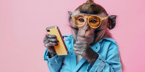 funny monkey in blue jacket and eyeglasses using smartphone isolated on pink
