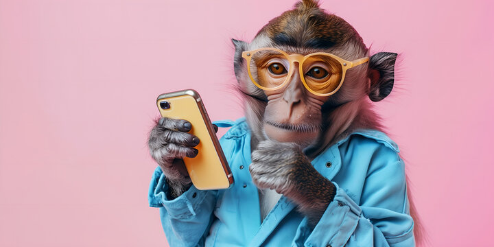 funny monkey in blue jacket and eyeglasses using smartphone isolated on pink