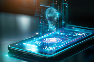 A graphic representation of a digital human head emerging from a smartphone screen, symbolizing advanced AI technology..