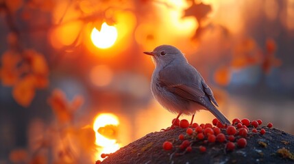 little bird on the sunset background - obrazy, fototapety, plakaty