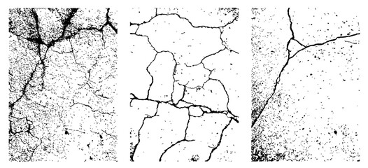 Set of 3 transparent vector cracked abstract dirty background textures with dust overlay. Place artwork over any image to make distressed crack effect