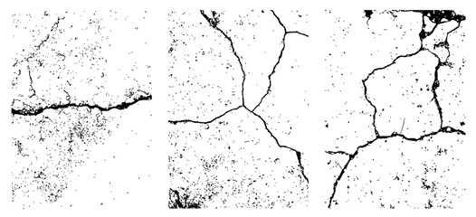 Set of 3 transparent vector cracked abstract dirty background textures with dust overlay. Place artwork over any image to make distressed crack effect - obrazy, fototapety, plakaty