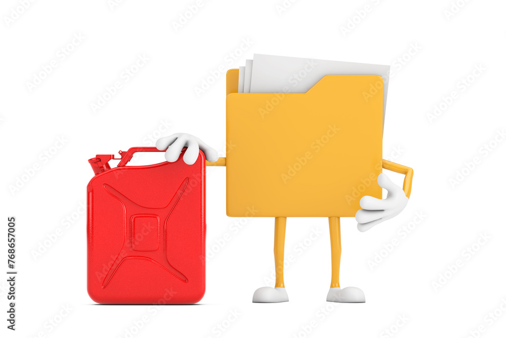 Poster yellow file folder icon cartoon person character mascot with white flag with red metal jerrican cani