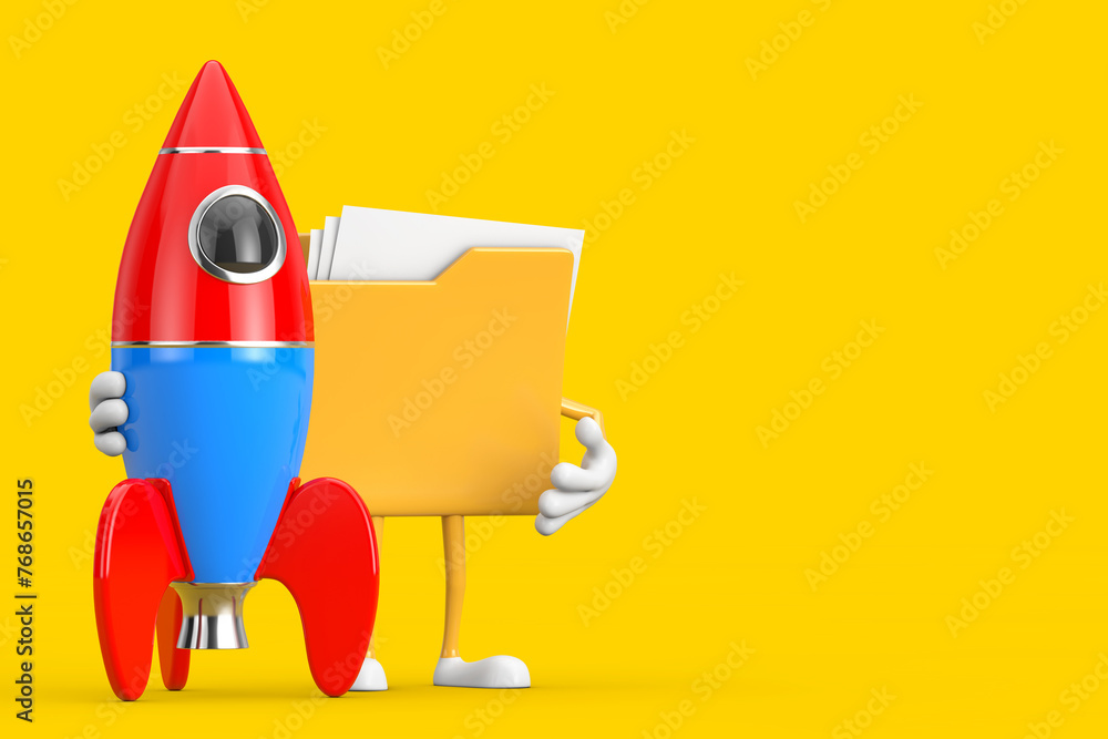 Aufkleber Yellow File Folder Icon Cartoon Person Character Mascot with Cartoon Toy Rocket. 3d Rendering