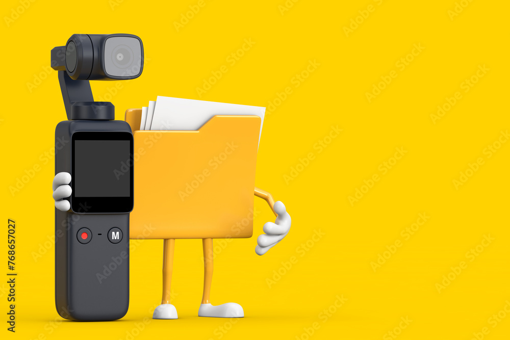Poster yellow file folder icon cartoon person character mascot with pocket gimbal action camera. 3d renderi