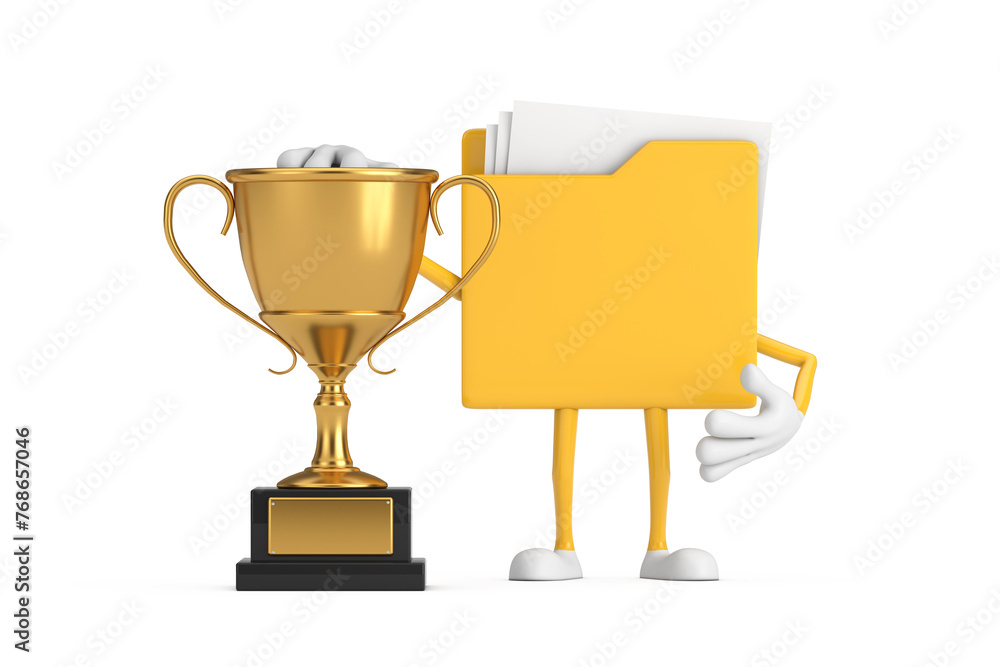 Poster yellow file folder icon cartoon person character mascot with golden award trophy. 3d rendering
