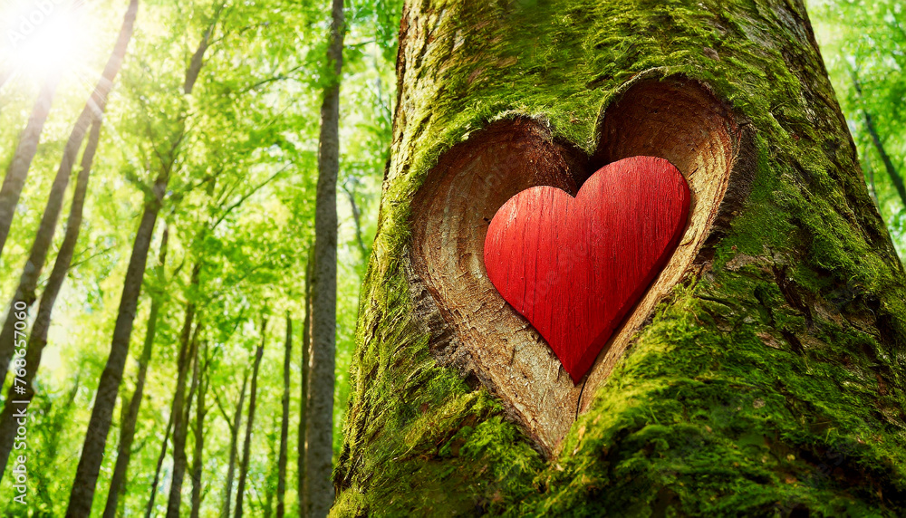 Poster extreme closeup of a red heart carved into a tree trunk in a green forest with copy space. valentine