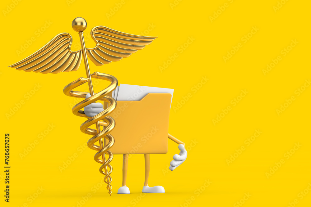 Poster yellow file folder icon cartoon person character mascot with golden medical caduceus symbol. 3d rend