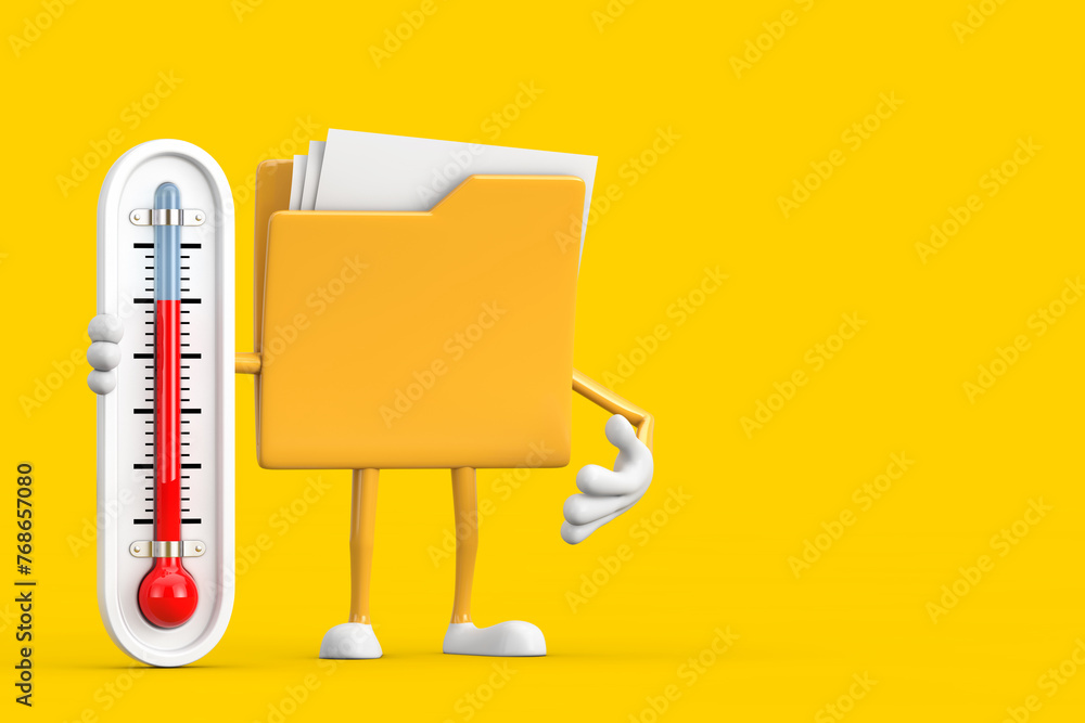 Poster yellow file folder icon cartoon person character mascot with outdoor thermometer. 3d rendering