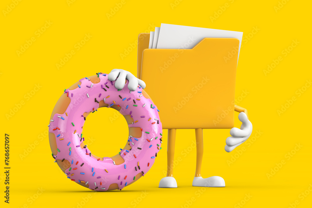 Aufkleber yellow file folder icon cartoon person character mascot with big strawberry pink glazed donut. 3d re