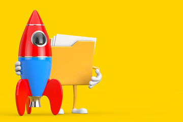 Yellow File Folder Icon Cartoon Person Character Mascot with Cartoon Toy Rocket. 3d Rendering