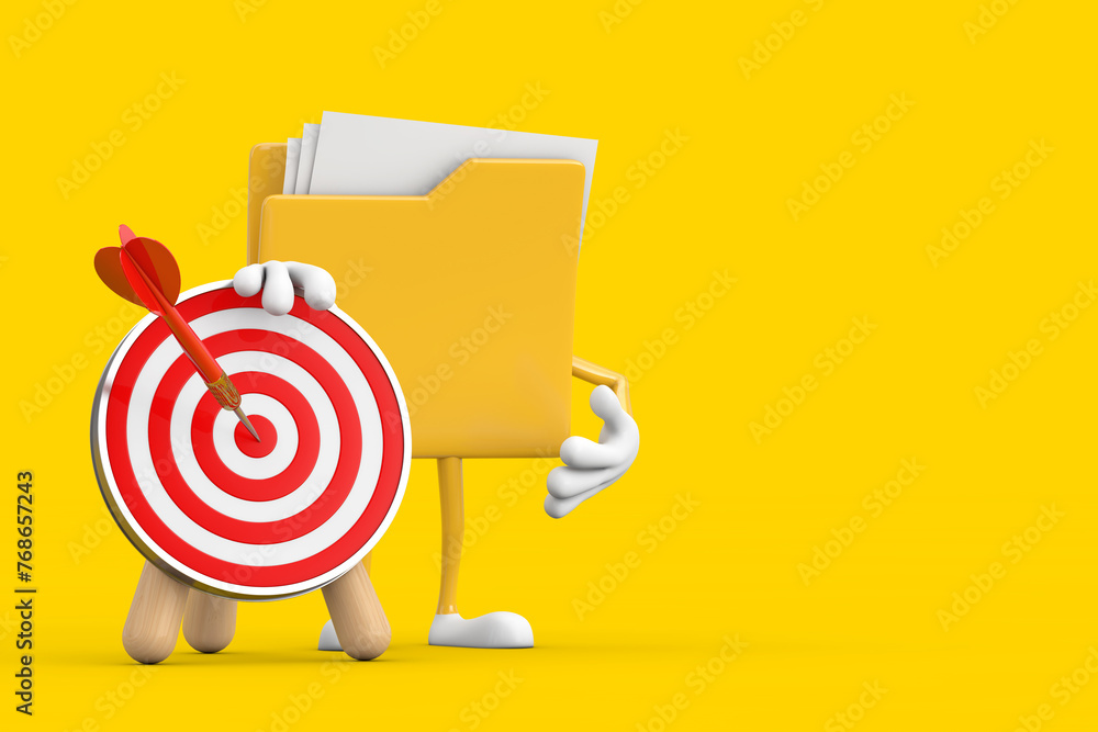 Poster yellow file folder icon cartoon person character mascot with archery target and dart in center. 3d r