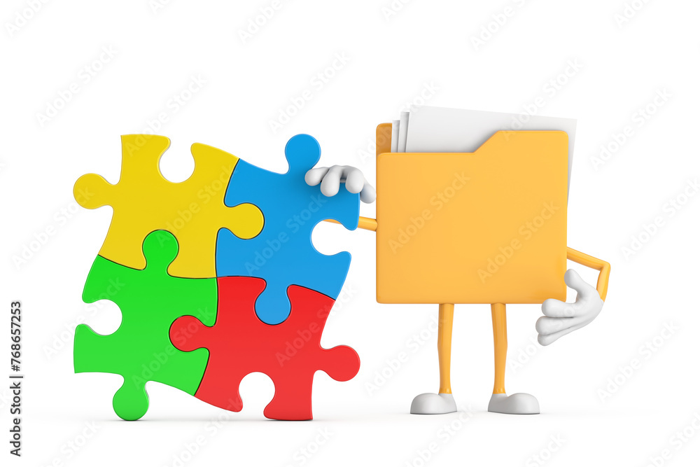 Aufkleber yellow file folder icon cartoon person character mascot with four pieces of colorful jigsaw puzzle. 