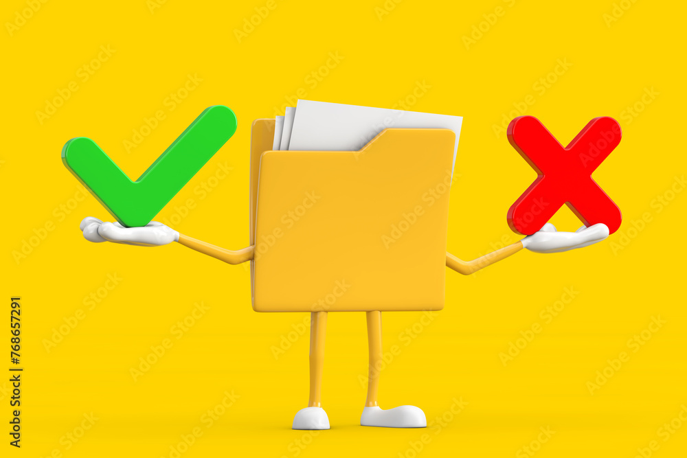 Aufkleber yellow file folder icon cartoon person character mascot with red cross and green check mark, confirm