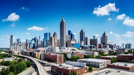 Downtown Atlanta Skyline showing several prominent buildings and hotels with blue sky background
 - obrazy, fototapety, plakaty