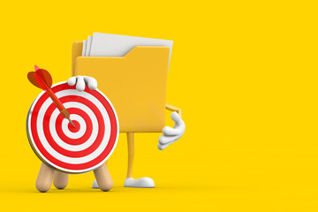 Yellow File Folder Icon Cartoon Person Character Mascot with Archery Target and Dart in Center. 3d Rendering - obrazy, fototapety, plakaty