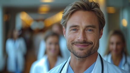 Obraz premium smiling doctor with colleagues in hospital
