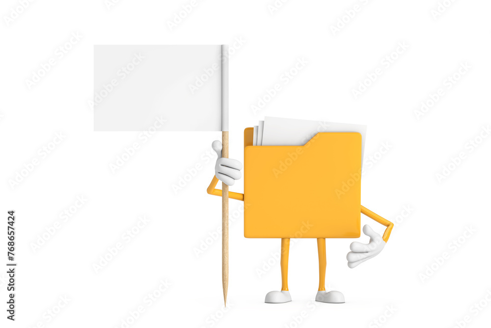 Leinwandbilder yellow file folder icon cartoon person character mascot with white flag with free space for your des