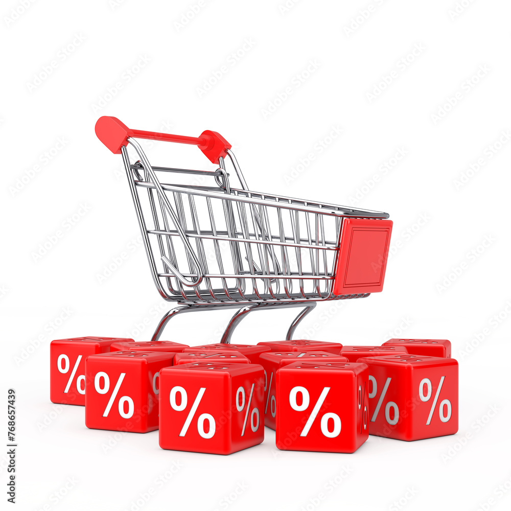 Poster shopping cart trolley with heap of discount sale percent cubes. 3d rendering