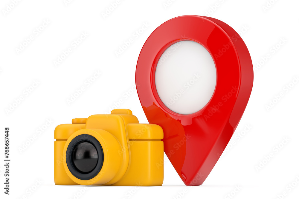 Poster abstract yellow photo camera web icon with red map pointer pin. 3d rendering