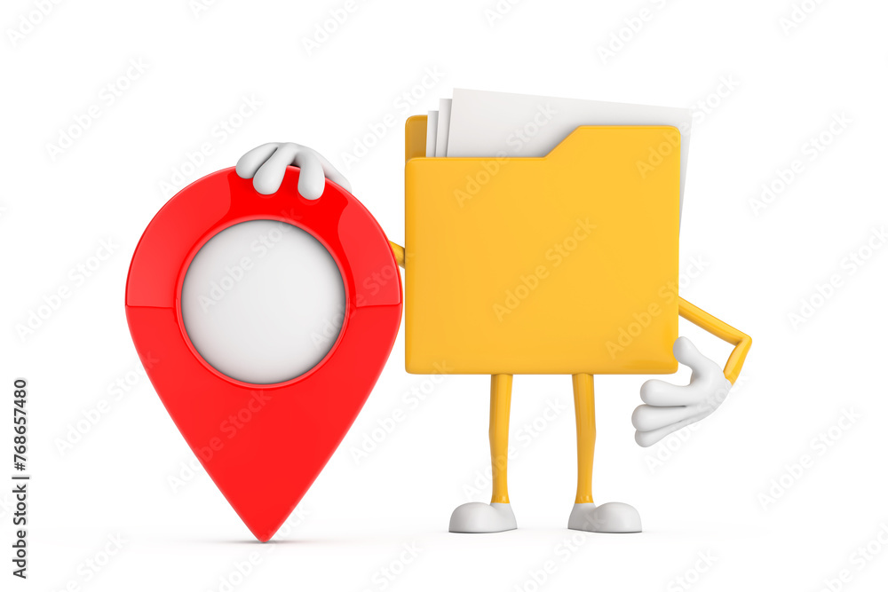 Poster yellow file folder icon cartoon person character mascot with red target map pointer pin. 3d renderin