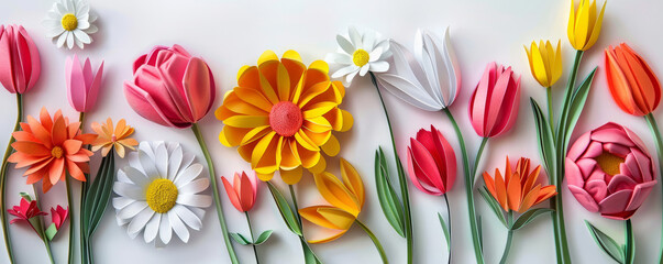 A carefully crafted representation of daisies and tulips in a paper cut design set against a pristine white background, highlighting elaborate details and emphasizing the use of negative space. - obrazy, fototapety, plakaty