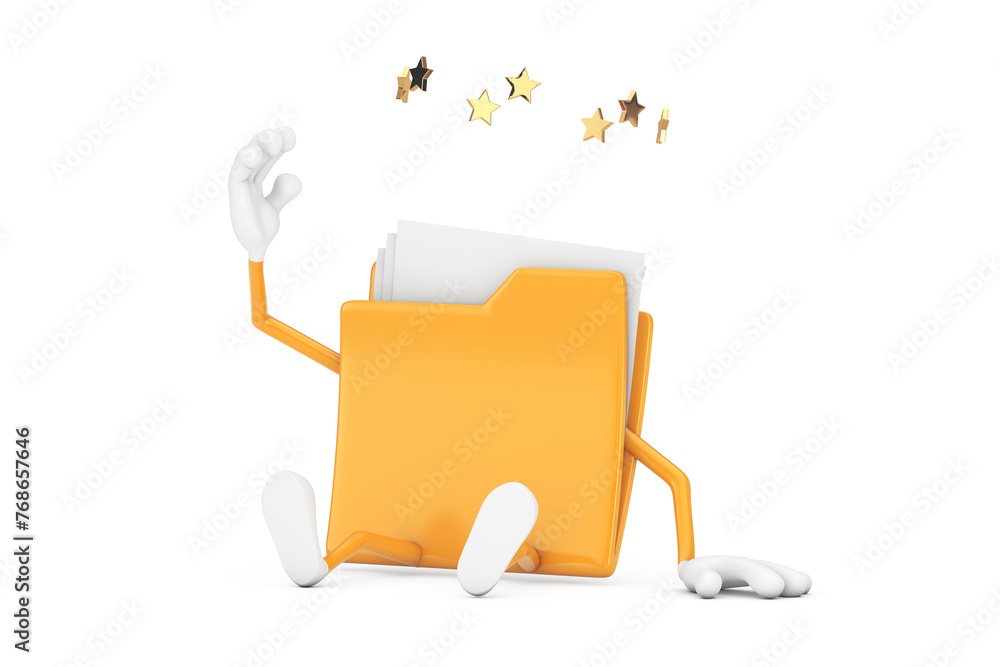 Poster seated yellow file folder icon cartoon person character mascot with stars around head. 3d rendering