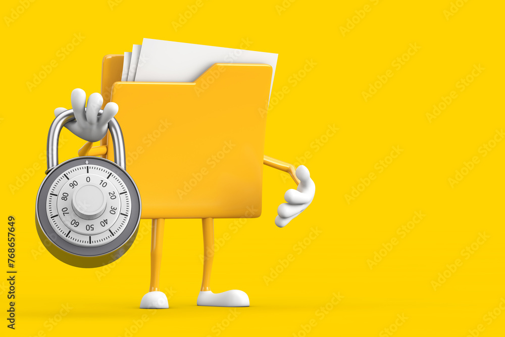 Poster yellow file folder icon cartoon person character mascot with silver combination padlock. 3d renderin