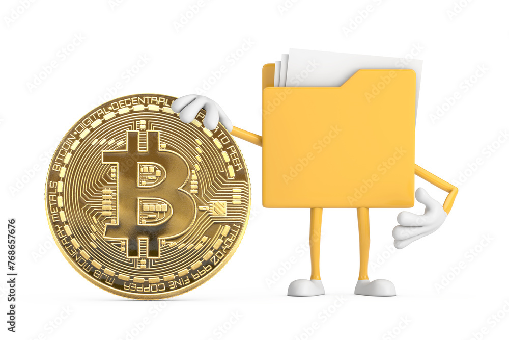 Poster yellow folder icon cartoon person character mascot with cryptocurrency golden bitcoin coin. 3d rende