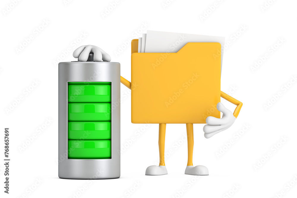 Poster yellow file folder icon cartoon person character mascot with abstract charging battery. 3d rendering