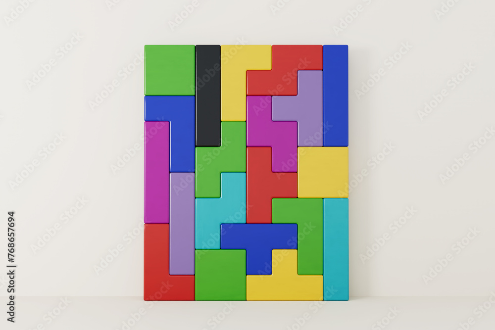 Poster Creative and Logical Thinking Concept. Different Colorful Shapes Wooden Blocks. 3d Rendering