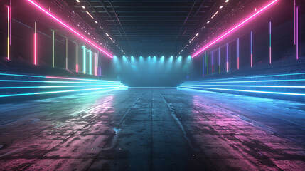 3D Illustration. Illuminated dark concrete surface surrounded by modern neon colour lights