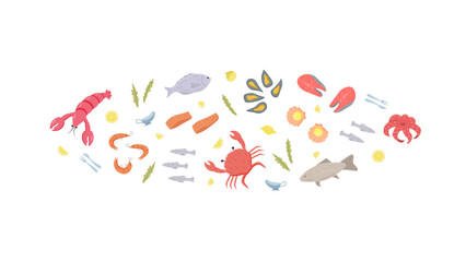 Seafood icons elements in color. Vector illustration of seafood and sea cuisine. - 768657695