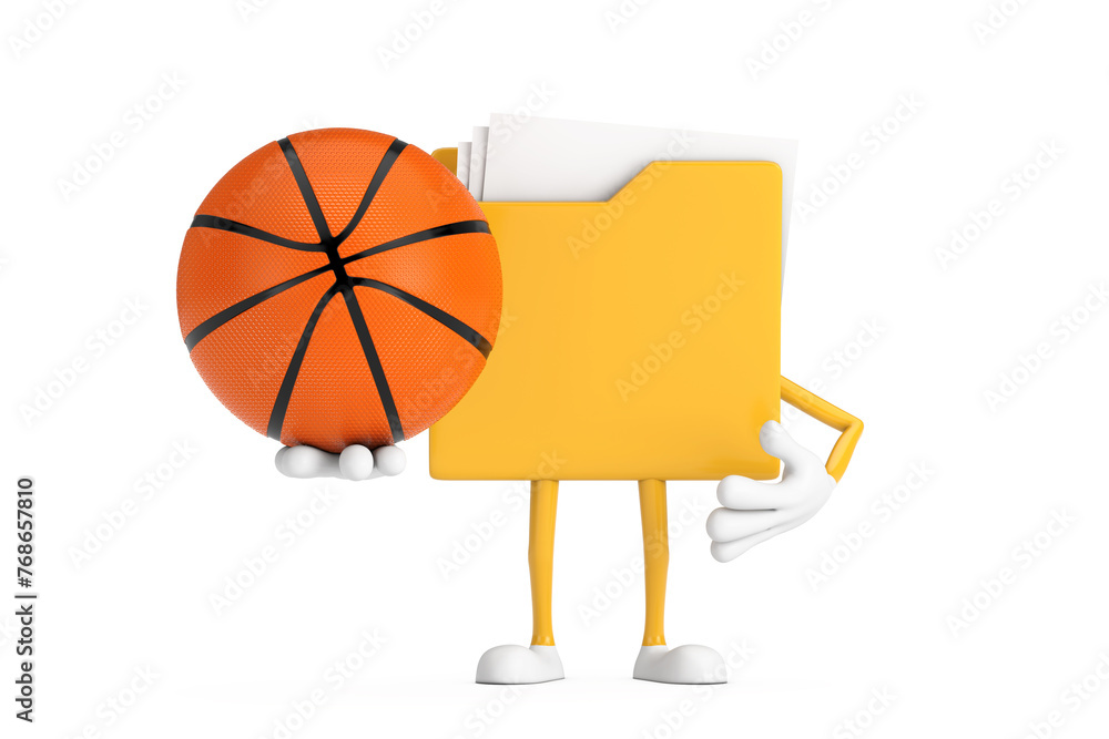 Aufkleber yellow file folder icon cartoon person character mascot with basketball ball. 3d rendering