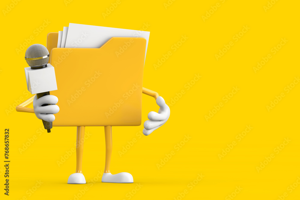Aufkleber yellow file folder icon cartoon person character mascot with modern chrome microphone. 3d rendering