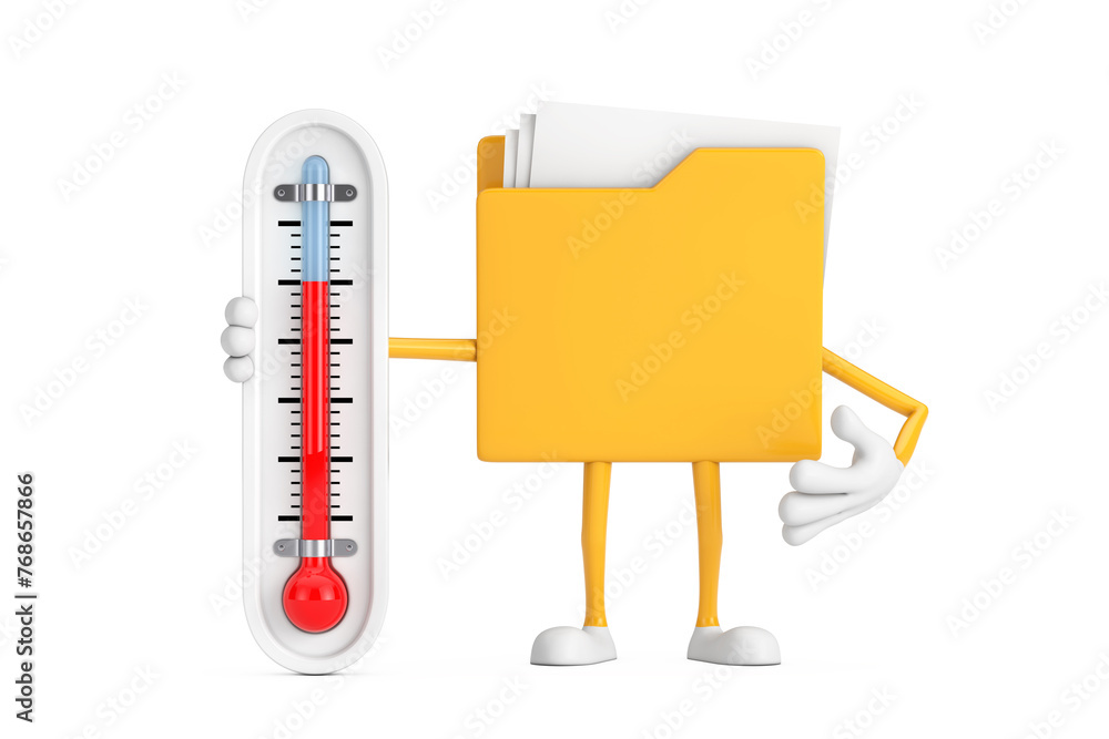 Leinwandbilder Yellow File Folder Icon Cartoon Person Character Mascot with Outdoor Thermometer. 3d Rendering
