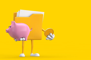 Yellow File Folder Icon Cartoon Person Character Mascot with Piggy Bank and Golden Dollar Coin. 3d Rendering